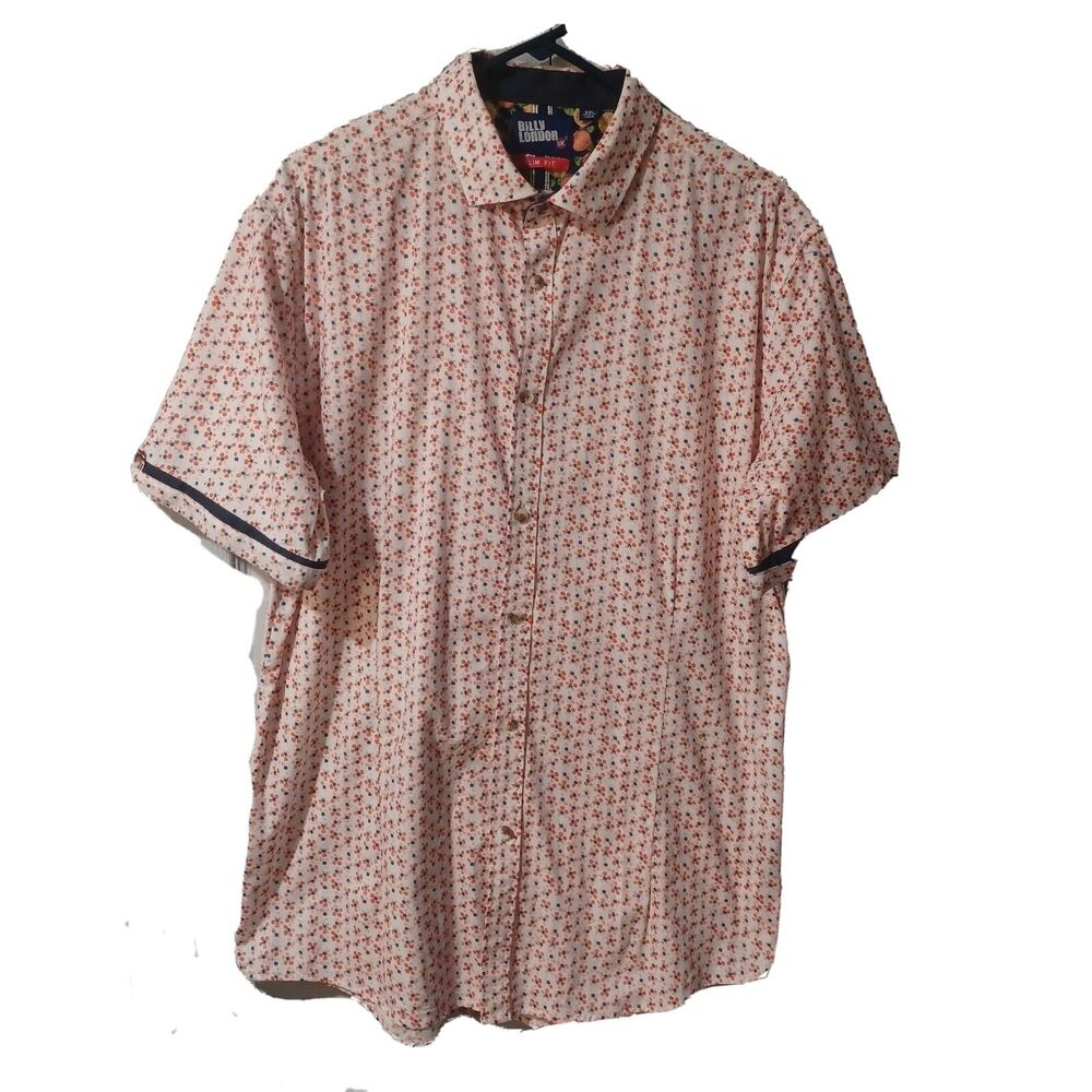 Men XL Shirt Billy London UK Button Up Short Sleeve ORANGE Floral